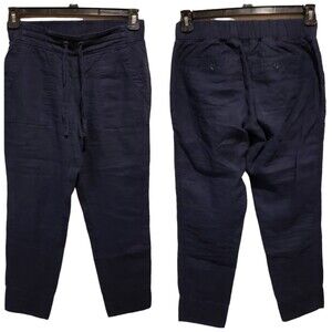 Athleta Women's Sz 0 Navy Blue Ankle Linen Pants Pockets Elastic Drawstring